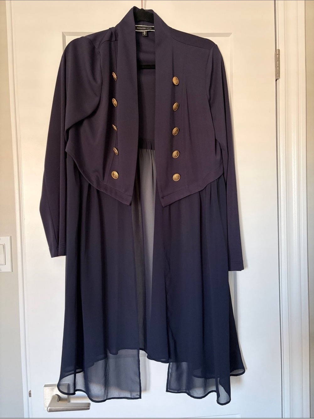 Navy Long Sheer Overlay Jacket with Gold Buttons